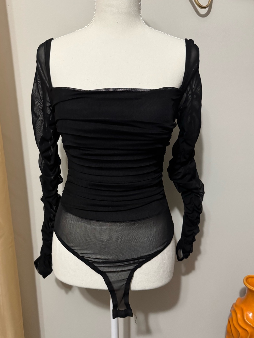 Princess Polly Black Ruched Mesh Long Sleeve Bodysuit
